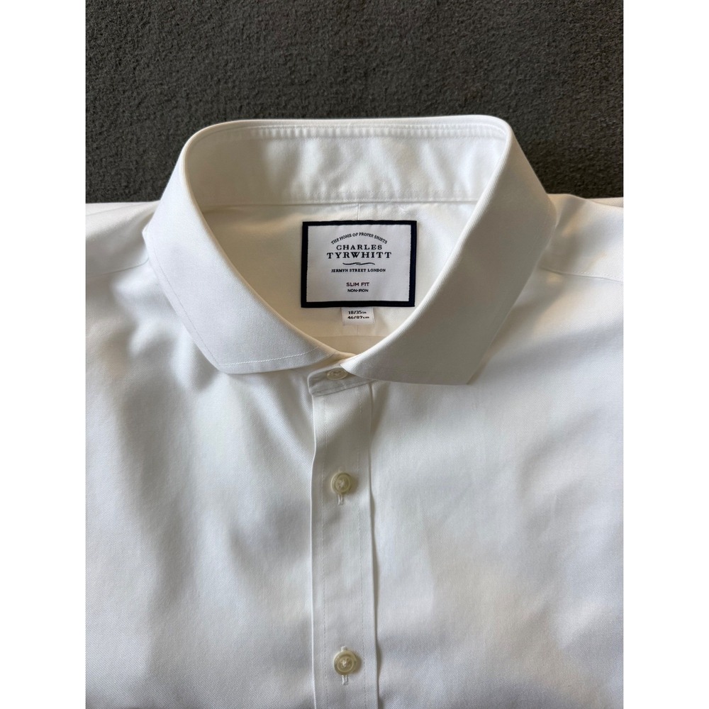 Charles Tyrwhitt Mens White Non-Iron Slim Fit Dress Shirt 18/35 Twill Cotton